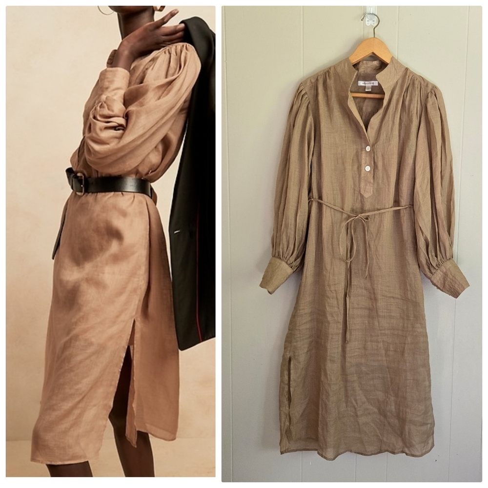 Banana Republic Tan Pleated Midi Dress with Bishop Sleeves